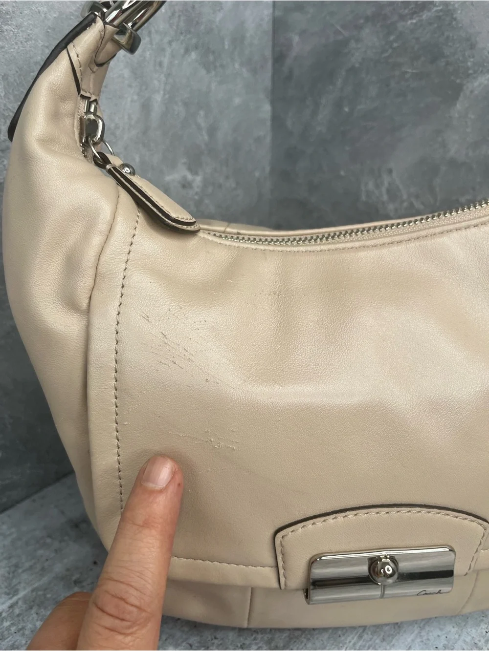 Coach Beige Leather Shoulder Bag with Silver Hardware